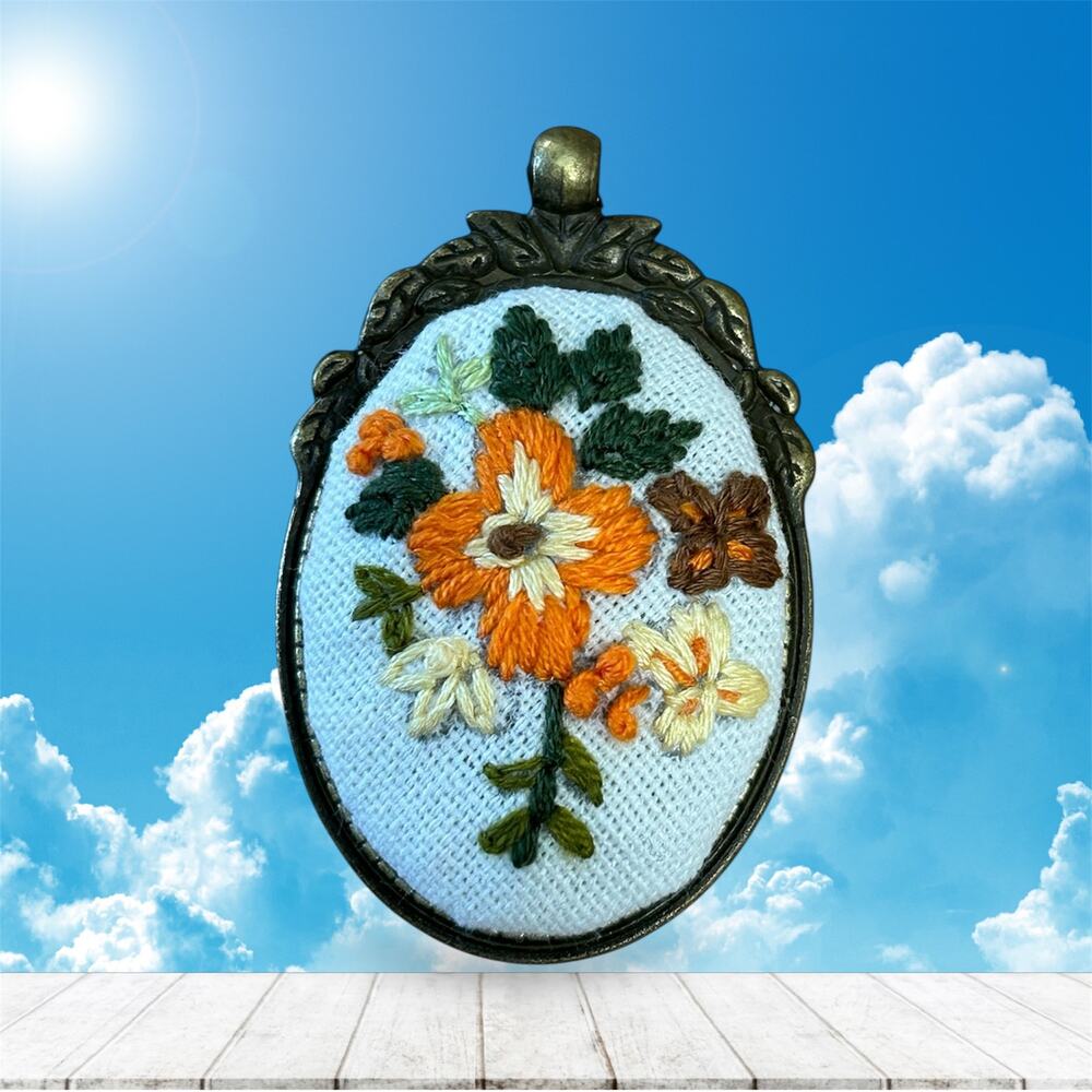 Autumn Flowers Handmade Embroidery Necklace - Orange, Red, Yellow Flowers